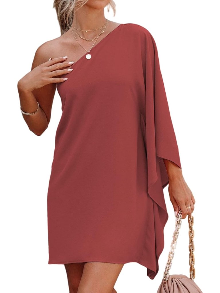 Women's Mauve Short Wedding Guest One Shoulder Dresses Formal Sleeve Casual